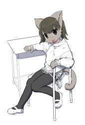 Rule 34 | 1girl, 3yo4yo5yo, animal ears, black hair, cat ears, cat tail, chair, child, desk, female focus, furry, furry female, highres, hood, hoodie, looking at viewer, open mouth, original, pantyhose, partially colored, school desk, shoes, simple background, sitting, skirt, solo, tail, torn clothes, twintails, white background, white hoodie
