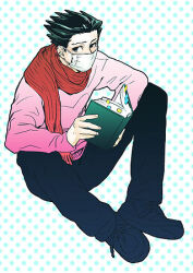 Rule 34 | 1boy, a k i, ace attorney, black eyes, black footwear, black pants, book, commentary request, full body, green hair, holding, holding book, long sleeves, looking to the side, lowres, male focus, mask, mouth mask, pants, phoenix wright, pink sweater, scarf, shoes, short hair, sick, sitting, solo, spiked hair, sweater