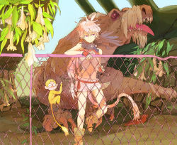 Rule 34 | 1girl, boots, chain-link fence, feathers, fence, flower, hole in fence, long hair, midriff, mokeo, monkey, original, pink hair, purple eyes, shorts, tail
