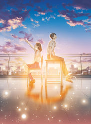 Rule 34 | 1boy, 1girl, amemura (caramelo), backlighting, black hair, brown hair, chain-link fence, chair, city, cloud, commentary, desk, fence, light particles, light rays, looking up, original, profile, reaching, reaching towards viewer, rooftop, school, school desk, school uniform, shadow, sitting, sky, sunset