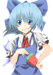Rule 34 | 1girl, bad id, bad pixiv id, blue hair, cirno, dress, embodiment of scarlet devil, female focus, food, fruit, hand on own hip, popsicle, r0g0b0, ribbon, simple background, solo, touhou, watermelon, watermelon bar, white background, wings