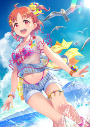 Rule 34 | 1girl, :d, antenna hair, beach, bikini, bird, blue sky, blush, bow, bracelet, breasts, character name, cleavage, cloud, collarbone, cowengium, day, english text, hair bow, hair ornament, hairclip, highres, jewelry, looking at viewer, love live!, love live! school idol festival, love live! school idol festival all stars, love live! sunshine!!, medium breasts, medium hair, mount fuji, nail polish, ocean, off-shoulder shirt, off shoulder, open fly, open mouth, orange hair, outdoors, parted bangs, pink footwear, polka dot, polka dot bow, red eyes, ribbon, sand, seagull, see-through, see-through skirt, see-through sleeves, shirt, short sleeves, shorts, skirt, sky, smile, solo, splashing, strap slip, striped bikini, striped bow, striped clothes, sun, sunlight, swimsuit, takami chika, teeth, thighlet, two-tone bikini, upper teeth only, volcano, water, yellow bow, yellow ribbon