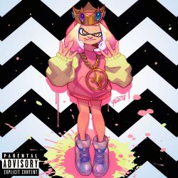 Rule 34 | 1girl, album cover, alternate costume, bad id, bad twitter id, cephalopod eyes, chain, commentary, cover, crown, english commentary, fake cover, flat chest, full body, gang sign, gold chain, hood, hoodie, inkling, mole, mole under mouth, nintendo, paint splatter, parental advisory, parody, pearl (splatoon), pink hair, raised eyebrow, robaato, shoes, short hair, sneakers, solo, splatoon (series), splatoon 2, splatoon 2: octo expansion, tentacle hair