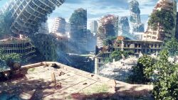 Rule 34 | blue sky, building, city, cityscape, cloud, commentary request, dappled sunlight, day, hachio81, highres, leaf, nier:automata, nier (series), original, outdoors, overgrown, plant, ruins, scenery, sky, skyscraper, sunlight, tree, vines, window