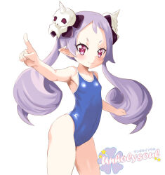 Rule 34 | 1girl, artist logo, artist name, blue one-piece swimsuit, breasts, competition school swimsuit, covered navel, cowboy shot, disgaea, hair ornament, long hair, low twintails, majorita (disgaea), makai senki disgaea 5, one-piece swimsuit, pointy ears, purple eyes, purple hair, school swimsuit, simple background, skull hair ornament, small breasts, solo, swimsuit, twintails, unholysoul, white background