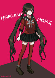 Rule 34 | 1girl, absurdres, artist name, black sailor collar, black skirt, blunt bangs, bow, bowtie, brown footwear, brown hair, character name, clenched hands, closed mouth, collarbone, commentary request, danganronpa (series), danganronpa v3: killing harmony, grey bow, grey bowtie, hair ornament, hairclip, harukawa maki, highres, kyua moto, long hair, long sleeves, looking at viewer, low twintails, miniskirt, mole, mole under eye, plaid, plaid skirt, pleated skirt, polka dot, polka dot bow, red background, red eyes, red scrunchie, red shirt, red thighhighs, sailor collar, school uniform, scrunchie, shirt, shoes, simple background, skirt, thighhighs, twintails