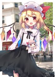 Rule 34 | 1girl, alternate costume, alternate hair color, bicycle, black bow, black bowtie, black skirt, blonde hair, blurry, blurry background, blush, blush stickers, border, bow, bowtie, brown eyes, cafe, character doll, chisiro unya (unya draw), closed mouth, collared shirt, crystal, doll, dress, fang, flandre scarlet, frills, hand up, hat, hat ribbon, house, jewelry, leaf, long sleeves, looking at viewer, looking to the side, mob cap, multicolored wings, one side up, open mouth, outdoors, outside border, pink dress, pink hat, puffy long sleeves, puffy short sleeves, puffy sleeves, purple hair, red eyes, red ribbon, red shirt, remilia scarlet, ribbon, road, shirt, shoes, short hair, short sleeves, skirt, smile, solo, standing, street, stuffed toy, tongue, touhou, toy, tree, white border, white bow, white hat, white shirt, window, wings, wrist cuffs, yellow eyes