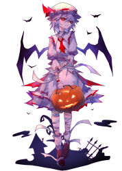 1girl 33_gaff ascot bandaged_arm bandaged_leg bandages bat_(animal) bat_wings closed_mouth commentary full_body hand_on_own_arm hat hat_ribbon jack-o&#039;-lantern looking_at_viewer red_ascot red_eyes red_ribbon remilia_scarlet ribbon shirt skirt smile solo touhou white_hat white_shirt white_skirt wings wrist_cuffs