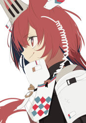 Rule 34 | animal ears, arknights, armor, closed mouth, commentary request, flametail (arknights), hair between eyes, highres, long hair, looking away, pauldrons, red eyes, red hair, shoulder armor, simple background, smile, tetuw, upper body, white background