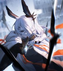 Rule 34 | 1girl, animal ears, arknights, black shirt, blouse, blurry, blurry background, brown gloves, coat, cold, frostnova (arknights), gloves, grey eyes, hair ornament, hairclip, highres, mayf42, originium arts (arknights), rabbit ears, scar, scar on face, scar on nose, shirt, silver hair, twitter username, winter clothes, winter coat