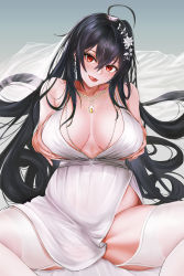 Rule 34 | 1girl, absurdres, azur lane, bare shoulders, black hair, blush, breasts, breasts apart, crossed bangs, dress, hair ornament, highres, jewelry, large breasts, long hair, looking at viewer, necklace, official alternate costume, open mouth, parted lips, red eyes, smile, solo, taihou (azur lane), taihou (temptation on the sea breeze) (azur lane), thighhighs, thighs, white dress, white thighhighs, ytoy