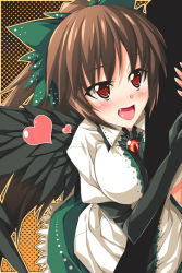 Rule 34 | 1girl, arm hug, black wings, blush, bow, breasts, brown hair, fang, female focus, hair bow, heart, large breasts, long hair, nu (plastic eraser), open mouth, ponytail, red eyes, reiuji utsuho, smile, solo focus, touhou, wings
