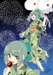 1girl aircraft balloon blue_eyes bow candy_apple commentary_request fireworks floral_print food full_body green_bow green_kimono grey_hair hair_bow highres hina-uta japanese_clothes kantai_collection kimono kite_balloon licking multiple_views night night_sky ponytail sandals sky smile water_yoyo yukata yuubari_(kancolle)