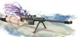 Rule 34 | 1girl, anti-materiel rifle, barrett m82, breasts, brown eyes, glasses, gradient hair, gun, highres, hobby (kento), loafers, lying, multicolored hair, on stomach, open clothes, open shirt, original, panties, pink hair, purple hair, rifle, school uniform, scope, serafuku, shirt, shoes, sideboob, sniper rifle, solo, striped clothes, striped panties, thighhighs, underwear, underwear only, weapon