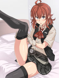 Rule 34 | 10s, 1girl, ahoge, arashi (kancolle), bed, belt, black panties, blouse, gloves, grey eyes, grey thighhighs, highres, kantai collection, kerchief, leg lift, messy hair, panties, pillow, pleated skirt, red hair, searchlight, shirt, short hair, sitting, skirt, solo, thighhighs, thighs, ulrich (tagaragakuin), underwear, vest, white gloves
