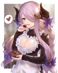Rule 34 | 1girl, absurdres, apron, arms up, bad id, bad twitter id, black dress, blue eyes, blurry, blurry background, border, bow, box, braid, breasts, cleavage, cleavage cutout, clothing cutout, demon horns, dress, frilled apron, frills, granblue fantasy, hair ornament, hair over one eye, heart, heart cutout, heart hair ornament, highres, holding, holding box, holding heart, horns, kiri ph, large breasts, light purple hair, long hair, long sleeves, looking at viewer, low tied hair, narmaya (granblue fantasy), narmaya (valentine) (granblue fantasy), open mouth, pointy ears, purple bow, purple hair, single braid, smile, solo, spoken heart, teeth, upper body, upper teeth only, white apron