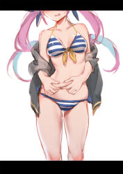 Rule 34 | 1girl, bikini, black jacket, blue ribbon, blush, breasts, cowboy shot, front-tie bikini top, front-tie top, hair ribbon, halterneck, head out of frame, highres, hololive, jacket, letterboxed, long hair, minato aqua, minato aqua (hololive summer 2019), navel, off shoulder, open clothes, open jacket, pinching, pink hair, ribbon, solo, striped bikini, striped clothes, sweatdrop, swimsuit, sylvia (huajiuhuajiu), twintails, virtual youtuber, weight conscious, white background