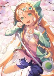 Rule 34 | 1girl, amiami (company), amico, bag, blue shorts, cherry blossoms, commentary, english commentary, feet out of frame, green eyes, green hoodie, hair ornament, hairclip, handbag, hood, hoodie, long hair, looking at viewer, orange hair, outdoors, shirt, shoes, shorts, smile, solo, very long hair, white shirt, yumekui