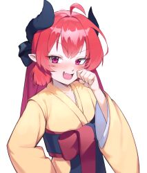 Rule 34 | 1girl, :d, absurdres, ahoge, black horns, blue archive, blush, fang, highres, horns, japanese clothes, junko (blue archive), junko (new year) (blue archive), kimono, long hair, looking at viewer, mkd, obi, open mouth, pointy ears, purple eyes, red hair, sash, simple background, skin fang, smile, solo, upper body, white background, wide sleeves, yellow kimono