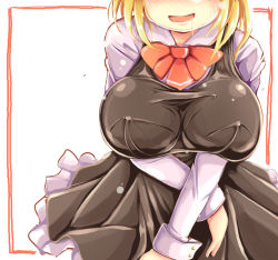 Rule 34 | 1girl, alternate breast size, ascot, blouse, blush, breast press, breasts, covered erect nipples, drooling, female focus, head out of frame, hidden eyes, huge breasts, ichirino minagi, impossible clothes, large breasts, long sleeves, open mouth, rumia, saliva, shirt, skin tight, skirt, solo, sweat, team shanghai alice, touhou, vest