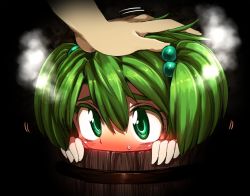 Rule 34 | 1girl, blush, bucket, green eyes, green hair, hair bobbles, hair ornament, hand on another&#039;s head, harusame (unmei no ikasumi), head pat, headpat, in bucket, in container, kisume, petticoat, pov, pov hands, touhou, twintails