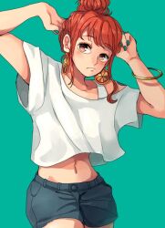 Rule 34 | 1girl, blue shorts, bracelet, brown eyes, commentary request, earrings, eyelashes, food-themed earrings, green background, jewelry, medium hair, midriff, nami (one piece), navel, norimaki (seidan0611), one piece, orange hair, shirt, shorts, simple background, solo, standing, white shirt