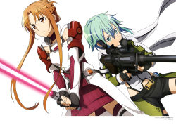 Rule 34 | 2girls, absurdres, anti-materiel rifle, armor, artist request, asuna (sao), black gloves, bolt action, brown eyes, brown hair, energy sword, female focus, fingerless gloves, gloves, green eyes, green hair, gun, hair ornament, hairclip, highres, holding, holding gun, holding sword, holding weapon, long hair, matching hair/eyes, multiple girls, pgm hecate ii, red armor, rifle, scarf, scope, short hair, sinon, sniper rifle, sword, sword art online, sword art online: alicization, weapon, white armor, white scarf