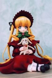 Rule 34 | 00s, 1girl, animal, blonde hair, bonnet, bow, bowtie, dog, doll, dress, drill hair, expressionless, figure, flower, green bow, kunkun, lowres, mary janes, photo (medium), red dress, rose, rozen maiden, shinku, shoes, sidelocks, sitting, solo, twin drills, twintails, white legwear