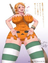 Rule 34 | 1girl, areola slip, blush, breasts, cleavage, covered erect nipples, covered navel, female focus, groin, halloween, huge breasts, japanese text, large breasts, long hair, looking at viewer, mikanberry, nami (one piece), one eye closed, one piece, open mouth, orange hair, ponytail, pussy, pussy juice, smile, solo, standing, thighhighs