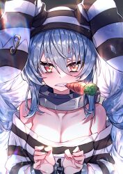 Rule 34 | 1girl, bare shoulders, blue hair, breasts, carrot, clenched teeth, collarbone, commentary, cuffs, english commentary, hair between eyes, handcuffs, hat, highres, hololive, looking at viewer, medium breasts, mouth hold, orange eyes, rabbit-shaped pupils, redcomet, solo, symbol-shaped pupils, teeth, thick eyebrows, twintails, usada pekora, usada pekora (prisoner), virtual youtuber