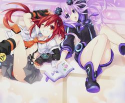 Rule 34 | 10s, 2girls, adult neptune, arm up, blush, book, boots, collarbone, croire, d-pad, female focus, fingerless gloves, flower, game cg, gloves, grin, hair ornament, hairclip, highres, holding, holding book, hood, hooded track jacket, hoodie, jacket, long hair, multiple girls, necktie, neptune (neptunia), neptune (series), no pants, non-web source, official art, one eye closed, open book, open clothes, open mouth, open shirt, orange panties, panties, pantyshot, pleated skirt, purple eyes, purple hair, red eyes, red hair, shin jigen game neptune vii, shirt, short sleeves, skirt, smile, socks, striped clothes, striped socks, suspenders, tennouboshi uzume, track jacket, tsunako, underwear