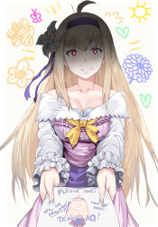 Rule 34 | 10s, 1girl, ahoge, bare shoulders, blonde hair, breasts, cleavage, english text, evil smile, flower, gauntlets, granblue fantasy, hair flower, hair ornament, hairband, hews, highres, holding, jeanne d&#039;arc (granblue fantasy), long hair, looking at viewer, medium breasts, parted lips, red eyes, shaded face, smile, solo
