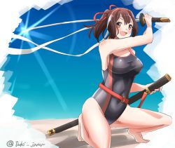 Rule 34 | 1girl, black one-piece swimsuit, blue sky, brown eyes, brown hair, competition swimsuit, day, dual wielding, glint, grey eyes, hair ribbon, headband, highres, holding, holding weapon, ise (kancolle), kantai collection, katana, looking at viewer, one-piece swimsuit, ponytail, red ribbon, ribbon, sheath, short hair, sky, smile, solo, swimsuit, sword, tsukimura (d24f4z8j3t), twitter username, weapon, white headband