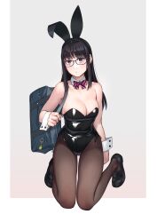 Rule 34 | 1girl, animal ears, bag, bare shoulders, black-framed eyewear, black eyes, black footwear, black hair, black leotard, black pantyhose, border, bow, bowtie, breasts, cleavage, closed mouth, commentary request, detached collar, fake animal ears, glasses, gradient background, highres, kneeling, leotard, loafers, long hair, looking at viewer, medium breasts, original, pantyhose, playboy bunny, rabbit ears, red bow, red bowtie, shoes, shoulder bag, simple background, solo, strapless, strapless leotard, striped bow, striped bowtie, striped clothes, white border, wrist cuffs, yuuji (and)