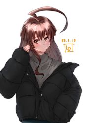 Rule 34 | 1girl, ahoge, alternate costume, artist logo, black jacket, brown eyes, brown hair, coat, commentary request, dated, grey sweater, highres, huge ahoge, jacket, kantai collection, kuma (kancolle), ld (luna dial398), long hair, looking at viewer, one-hour drawing challenge, simple background, solo, sweater, turtleneck, upper body, white background, winter clothes, winter coat