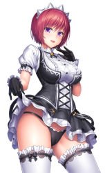 Rule 34 | 1girl, black dress, black gloves, black panties, black ribbon, blush, bow, bow panties, breasts, clothes lift, commentary request, cowboy shot, dress, dress lift, frilled dress, frilled gloves, frilled thighhighs, frills, gloves, lambda (kusowarota), large breasts, legs apart, lifted by self, looking at viewer, maid headdress, nel zelpher, open mouth, panties, puffy short sleeves, puffy sleeves, purple eyes, purple hair, ribbon, short hair, short sleeves, simple background, solo, standing, star ocean, star ocean anamnesis, thighhighs, underwear, white background, white thighhighs