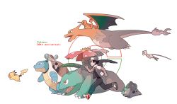 Rule 34 | 1boy, anniversary, baseball cap, belt, black hair, blastoise, blue eyes, bulbasaur, cannon, charizard, charmander, claws, clenched hands, commentary request, creatures (company), denim, fangs, fire, flame-tipped tail, flying, game freak, gen 1 pokemon, gojya, hat, jeans, legendary pokemon, mew (pokemon), mythical pokemon, nintendo, open mouth, pants, pikachu, pocket, pokemon, pokemon (creature), popped collar, red (pokemon), red eyes, running, shirt, shoes, short sleeves, simple background, smile, sneakers, squirtle, starter pokemon trio, t-shirt, tail, tongue, venusaur, vest, white background
