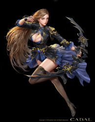 Rule 34 | 1girl, absurdres, black background, blue dress, bow, bow (weapon), breasts, bridal gauntlets, brown hair, cabal online, cleavage, cleavage cutout, clothing cutout, dospi, dress, full body, grey eyes, high heels, highres, jacket, jewelry, large breasts, leather, leather jacket, lips, long hair, looking at viewer, solo, standing, standing on one leg, thighhighs, very long hair, weapon