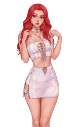 Rule 34 | 1girl, bare shoulders, breasts, choker, cleavage, crop top, green eyes, highres, lips, medium breasts, navel, original, parted bangs, quilm, red hair, side slit, skirt, solo, tank top, thigh strap, thighs, white background, white skirt