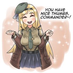 Rule 34 | :d, beret, blonde hair, blue skirt, blush, brown shirt, clenched hands, english text, closed eyes, girls&#039; frontline, green necktie, hat, headband, long hair, looking at viewer, m1 garand (girls&#039; frontline), necktie, open mouth, serjatronic, shirt, skirt, smile, solo, sparkle, suspenders