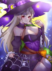 Rule 34 | 1340smile, 1girl, breasts, cleavage, cleavage cutout, clothing cutout, corrin (female) (fire emblem), corrin (fire emblem), dress, earrings, fire emblem, fire emblem fates, fire emblem heroes, halloween costume, hat, highres, jewelry, large breasts, long hair, looking at viewer, nintendo, official alternate costume, red eyes, sleeveless, sleeveless dress, smile, solo, white hair, witch, witch hat