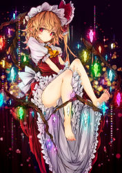 Rule 34 | .sin, 1girl, absurdres, ascot, back bow, barefoot, blonde hair, bow, closed mouth, collared shirt, crystal, dark background, flandre scarlet, frilled skirt, frilled sleeves, frills, full body, hat, hat bow, highres, looking at viewer, medium hair, mob cap, one side up, pointy ears, puffy short sleeves, puffy sleeves, red bow, red eyes, red ribbon, red skirt, red vest, ribbon, shirt, short sleeves, skirt, skirt set, slit pupils, solo, sparkle, touhou, vest, white bow, white hat, white shirt, wings, yellow ascot