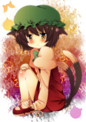 Rule 34 | 1girl, :3, animal ears, bad id, bad pixiv id, blush, bow, bowtie, brown hair, cat ears, cat girl, cat tail, chen, dress, fang, female focus, full body, gradient background, hat, highres, long sleeves, looking at viewer, mary janes, multiple tails, no nose, paw print, puffy sleeves, shoes, short hair, sitting, socks, solo, tail, touhou, white background, white socks, yana mori, yellow eyes