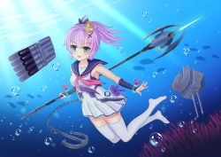 Rule 34 | 1girl, :d, absurdres, air bubble, anchor, azur lane, bare shoulders, biako, black ribbon, blue sailor collar, blurry, blurry foreground, blush, bracelet, breasts, bridal gauntlets, bubble, cannon, chain, commentary request, coral, crown, depth of field, fish, green eyes, hair between eyes, hair ornament, hair ribbon, high ponytail, highres, holding, javelin, javelin (azur lane), jewelry, md5 mismatch, medium breasts, mini crown, name connection, no shoes, object namesake, open mouth, outstretched arm, pleated skirt, ponytail, resolution mismatch, revision, ribbon, sailor collar, shirt, sidelocks, skirt, sleeveless, sleeveless shirt, smile, solo, source larger, thighhighs, thighs, torpedo, turret, underwater, v-shaped eyebrows, water, white shirt, white skirt, white thighhighs, zettai ryouiki