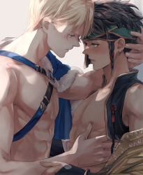 Rule 34 | 2boys, abs, black hair, blonde hair, blue eyes, blush, braid, claude von riegan, claude von riegan (winds offered), commentary request, dimitri alexandre blaiddyd, dimitri alexandre blaiddyd (summer), earrings, fire emblem, fire emblem: three houses, fire emblem heroes, from side, green eyes, hand on another&#039;s chest, hand on another&#039;s head, jewelry, looking at another, male focus, multiple boys, nintendo, nipples, official alternate costume, open mouth, pectorals, saku (soreca49), yaoi