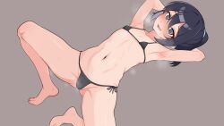 Rule 34 | 1girl, @ @, armpits, arms behind head, arms up, barefoot, bikini, black bikini, black eyes, black hair, blush, commentary request, dutch angle, flat chest, grey background, highres, kumada gaon, looking at viewer, micro bikini, navel, nervous smile, open mouth, original, ponytail, short hair, side-tie bikini bottom, simple background, smile, solo, squatting, steaming body, stomach, sweat, swimsuit, tiptoes, variant set