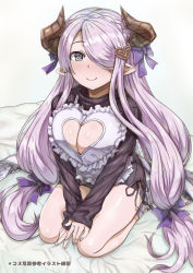 Rule 34 | 1girl, apron, arinotowatari, bare legs, bed sheet, black dress, black ribbon, black sweater, blue eyes, blush, bow, breasts, cleavage, cleavage cutout, closed mouth, clothing cutout, commentary request, draph, dress, frilled apron, frills, full body, granblue fantasy, grey socks, hair bow, hair ornament, hair over one eye, heart, heart cutout, heart hair ornament, horns, large breasts, long hair, long sleeves, looking at viewer, low-tied long hair, narmaya (granblue fantasy), narmaya (valentine) (granblue fantasy), own hands together, pointy ears, purple bow, purple hair, ribbon, seiza, simple background, sitting, sleeves past wrists, smile, socks, solo, straight hair, sweater, sweater dress, swept bangs, translation request, very long hair, white apron, white background