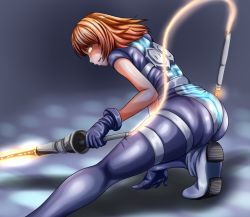 Rule 34 | 1990s (style), 1girl, armor, ass, belt, bodysuit, boots, brown hair, dirge of cerberus final fantasy vii, energy sword, final fantasy, final fantasy vii, from behind, gloves, glowing, glowing eyes, looking away, parted lips, shelke the transparent, short hair, solo, squatting, sword, thigh strap, tom (remisaku), weapon, yellow eyes