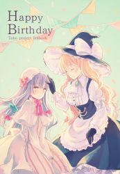 Rule 34 | 2girls, apron, black dress, black gloves, blonde hair, bow, braid, capelet, closed eyes, coat, dress, gloves, hair ribbon, hand on another&#039;s head, happy, hat, hat bow, juliet sleeves, karunabaru, kirisame marisa, long hair, long sleeves, mob cap, multiple girls, open clothes, open coat, open mouth, patchouli knowledge, pink eyes, puffy sleeves, purple hair, ribbon, shirt, single braid, smile, striped clothes, striped dress, touhou, tress ribbon, v arms, very long hair, waist apron, witch hat