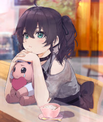 Rule 34 | 1girl, ahoge, bare shoulders, black choker, black hair, black ribbon, black skirt, blurry, blurry background, blush, choker, closed mouth, clothing cutout, collared shirt, commentary request, cup, depth of field, green eyes, grey shirt, hair between eyes, hair ribbon, hands up, heart, highres, hololive, icehotmilktea, looking away, natsuiro matsuri, natsuiro matsuri (casual), own hands together, puffy short sleeves, puffy sleeves, ribbon, saucer, shirt, short sleeves, shoulder cutout, side ponytail, sitting, skirt, solo, spoon, stuffed animal, stuffed rabbit, stuffed toy, table, virtual youtuber
